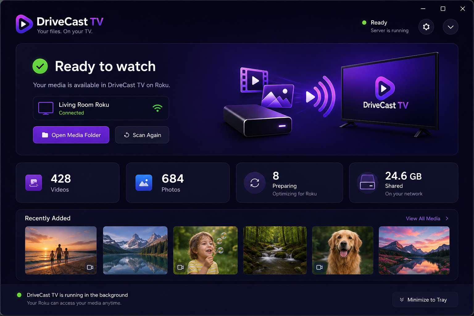 The DriveCast TV app on Windows, showing connected TVs, media counts and recently added photos